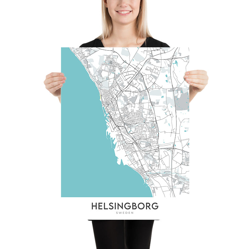 Modern City Map of Helsingborg, Sweden: Centrum, Ramlösa, Helsingborg Castle, Sofiero Castle, E4