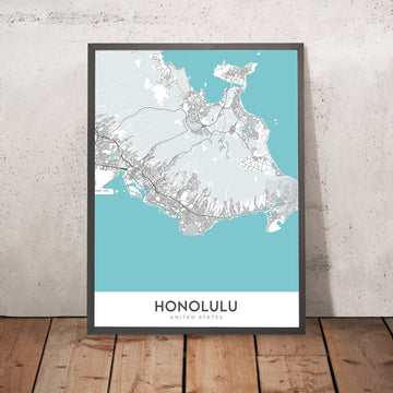 Mappa della città moderna di Honolulu, HI: Waikiki, Diamond Head, Downtown, Ala Moana, Università delle Hawaii 