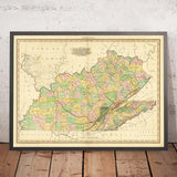 Mapa antiguo de Kentucky y Tennessee por H.S. Tanner, 1820, con Nashville, Louisville, Lexington, Knoxville y Chattanooga