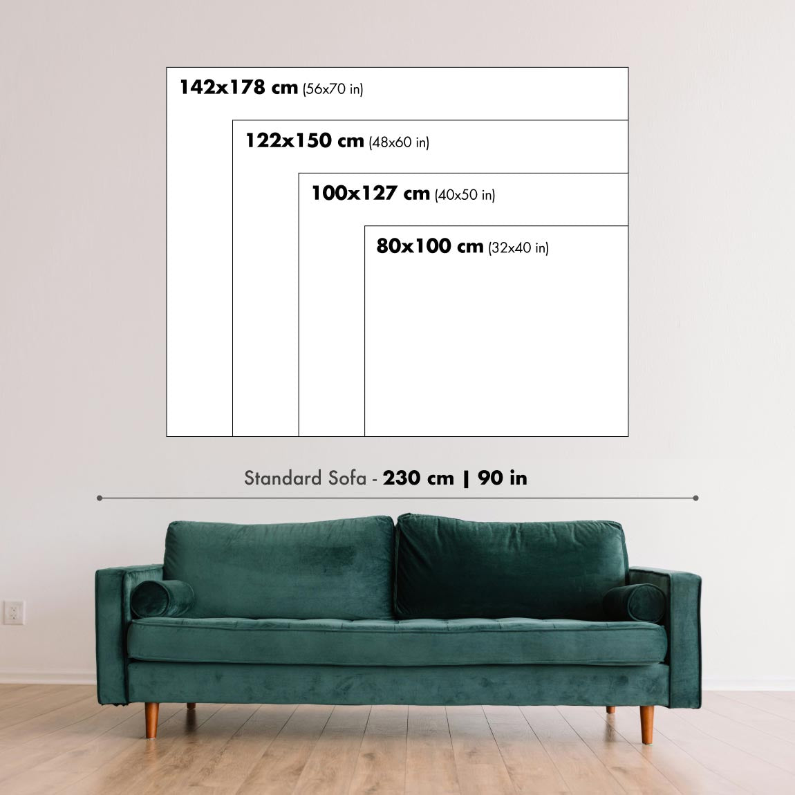 Different sizes of wall art, on a wall, with a sofa for scale. Used to show relative sizes of products available.