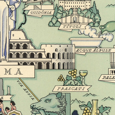 Old Pictorial Map of Lazio by De Agostini, 1938: Rome, Colosseum, Roman Forum, Pantheon, Circeo National Park