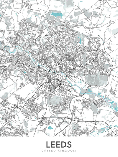 Modern City Map of Leeds, UK: City Centre, Art Gallery, Town Hall, Kirkgate Market, Grand Theatre