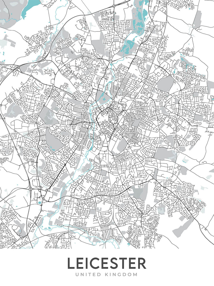 Plan de la ville moderne de Leicester, Royaume-Uni : centre-ville, université, cathédrale, château, centre spatial