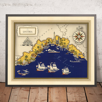 Old Pictorial Map of Liguria by De Agostini, 1938: Genoa, La Spezia, Cinque Terre, Italian Riviera, Maritime Alps