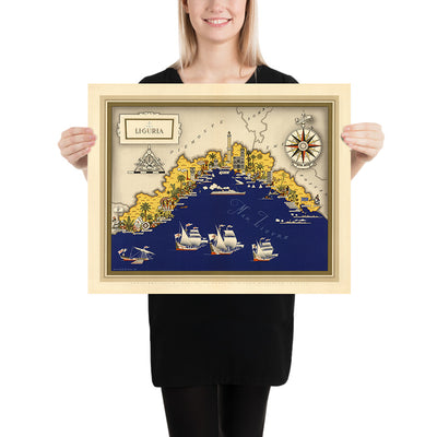 Alte Bildkarte von Ligurien von De Agostini, 1938: Genua, La Spezia, Cinque Terre, Italienische Riviera, Seealpen