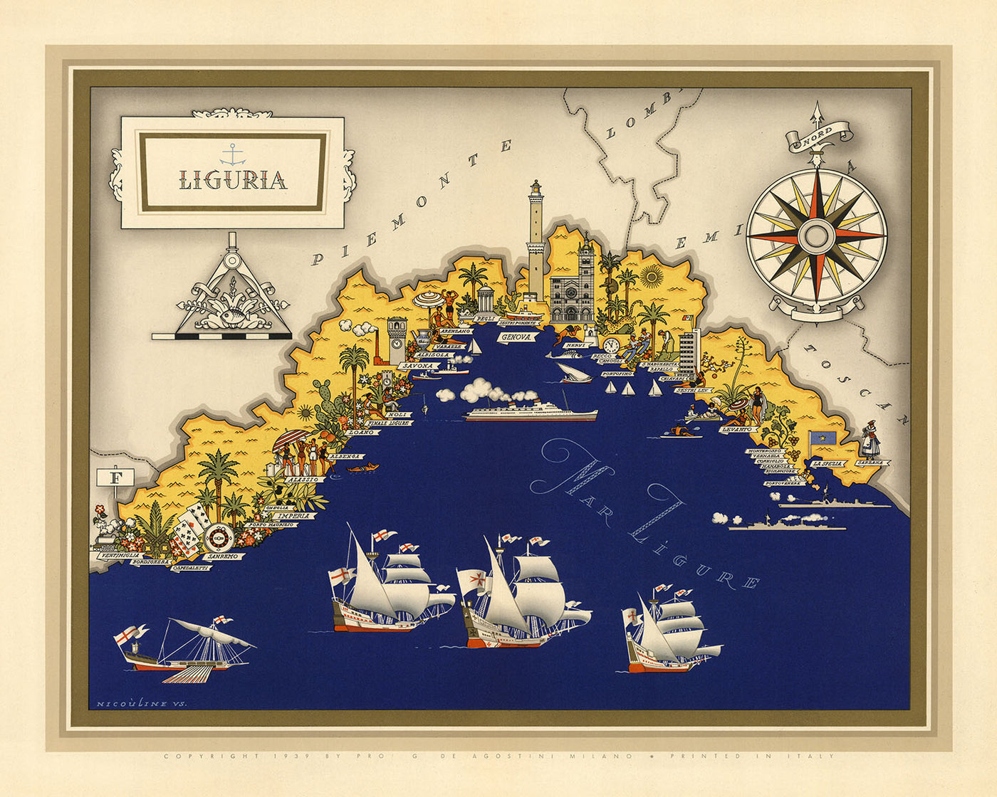 Ancienne carte picturale de la Ligurie par De Agostini, 1938 : Gênes, La Spezia, Cinque Terre, Riviera italienne, Alpes maritimes