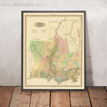 Antica mappa della Louisiana e del Mississippi di H. S. Tanner, 1820: New Orleans, Baton Rouge, Jackson, Gulfport e Lafayette 