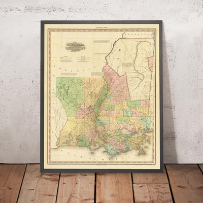Ancienne carte de la Louisiane et du Mississippi par H. S. Tanner, 1820 : Nouvelle-Orléans, Baton Rouge, Jackson, Gulfport et Lafayette