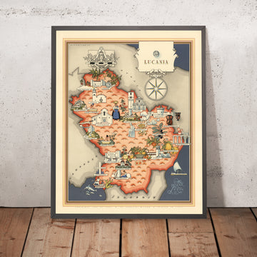 Old Pictorial Map of Lucania by De Agostini, 1938: Potenza, Matera, Pollino, Sassi di Matera, Castel del Monte