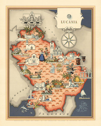 Ancienne carte picturale de la Lucanie par De Agostini, 1938 : Potenza, Matera, Parc national du Pollino, Sassi di Matera, Castel del Monte