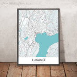 Moderne Stadtkarte von Lugano, Schweiz: Luganersee, Monte Brè, Monte San Salvatore, Swissminiatur, Kathedrale San Lorenzo 