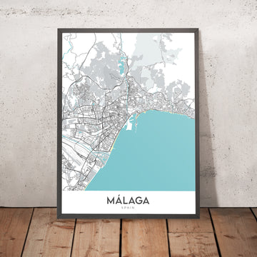 Moderne Stadtkarte von Málaga, Spanien: Kathedrale, Römisches Theater, Gibralfaro-Schloss, Historisches Viertel, Modernes Geschäftsviertel 