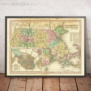 Mapa antiguo de Massachusetts y Rhode Island por H. S. Tanner, 1836: Boston, Worcester, Providence, Springfield, Cambridge