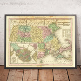 Alte Karte von Massachusetts und Rhode Island von H. S. Tanner, 1836: Boston, Worcester, Providence, Springfield, Cambridge 