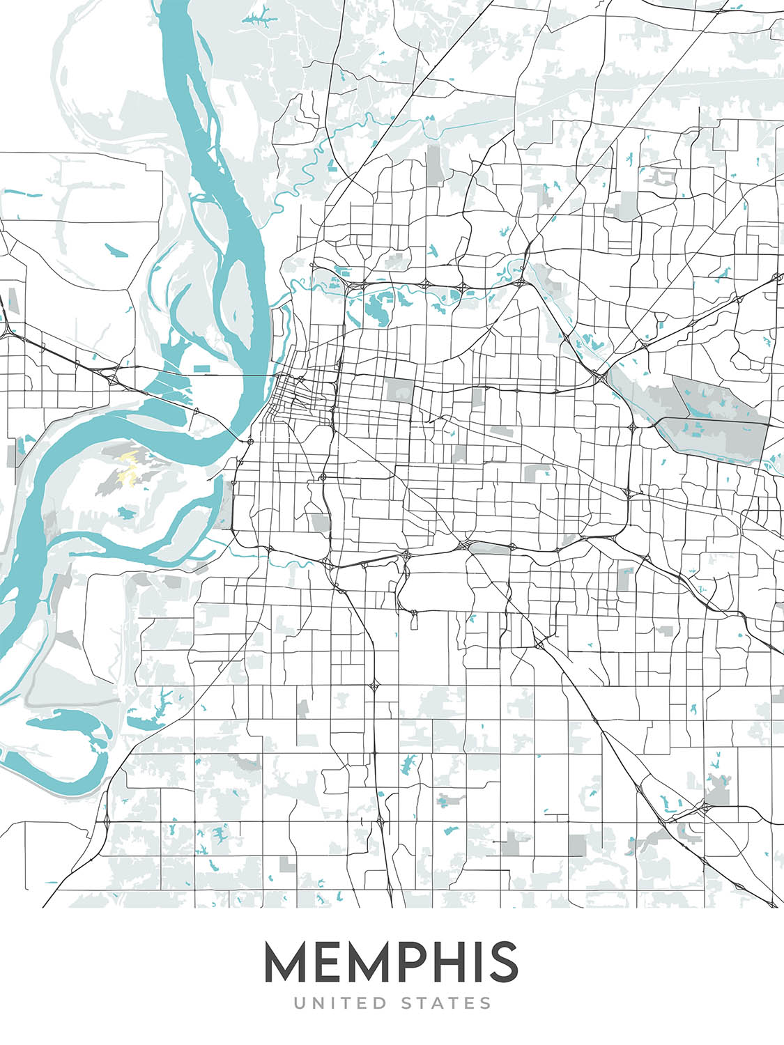 Plan de la ville moderne de Memphis, Tennessee : centre-ville, Graceland, FedEx Forum, I-40, I-240