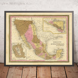 Mappa antica del Messico, Guatemala, Texas, California di H.S. Tanner, 1839: Città del Messico, Puebla, Los Angeles, San Francisco, Austin, Houston 