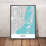 Mapa moderno de la ciudad de Miami, FL: South Beach, Coconut Grove, Centro, Coral Gables, Key Biscayne