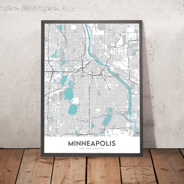 Mappa della città moderna di Minneapolis, MN: U di M, Stadio TCF Bank, Walker Art Center, Nicollet Mall, Fiume Mississippi 