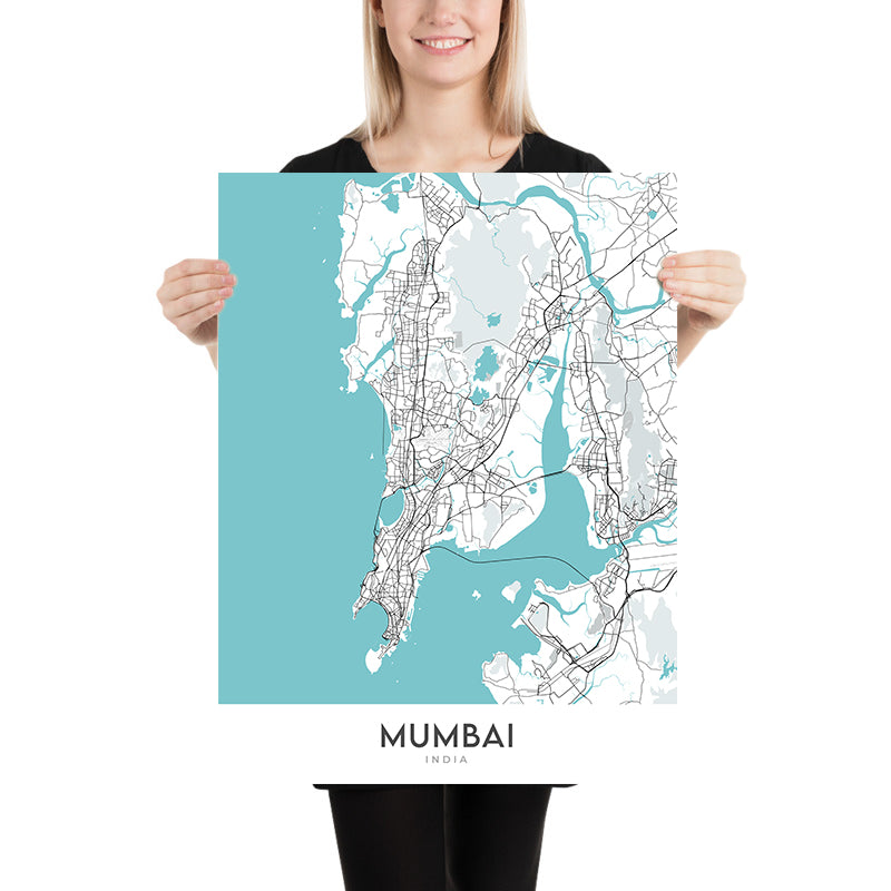 Mapa moderno de la ciudad de Mumbai, India: Colaba, Marine Drive, Bandra-Worli Sea Link, Juhu Beach, Powai Lake
