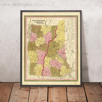 Antiguo mapa de New Hampshire y Vermont de H. S. Tanner, 1840, con Manchester, Nashua, Concord, Burlington y South Burlington.