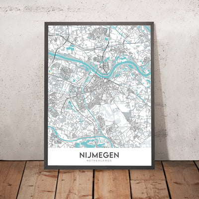 Mapa moderno de la ciudad de Nijmegen, Países Bajos: Museo de África, Belvédère, Grote Markt, Universidad de Radboud, Waalbrug