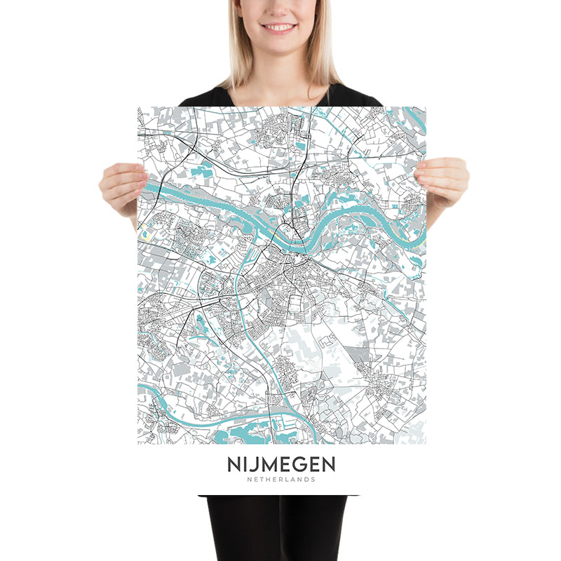 Plan de la ville moderne de Nimègue, Pays-Bas : Musée de l'Afrique, Belvédère, Grote Markt, Université Radboud, Waalbrug