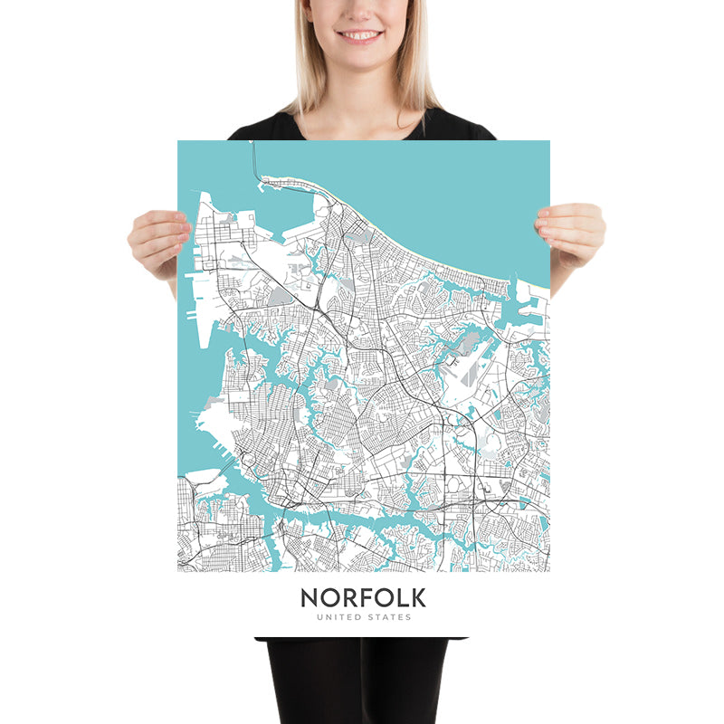 Modern City Map of Norfolk, VA: Ghent, Chrysler Museum, Nauticus, Norfolk Botanical Garden, I-264