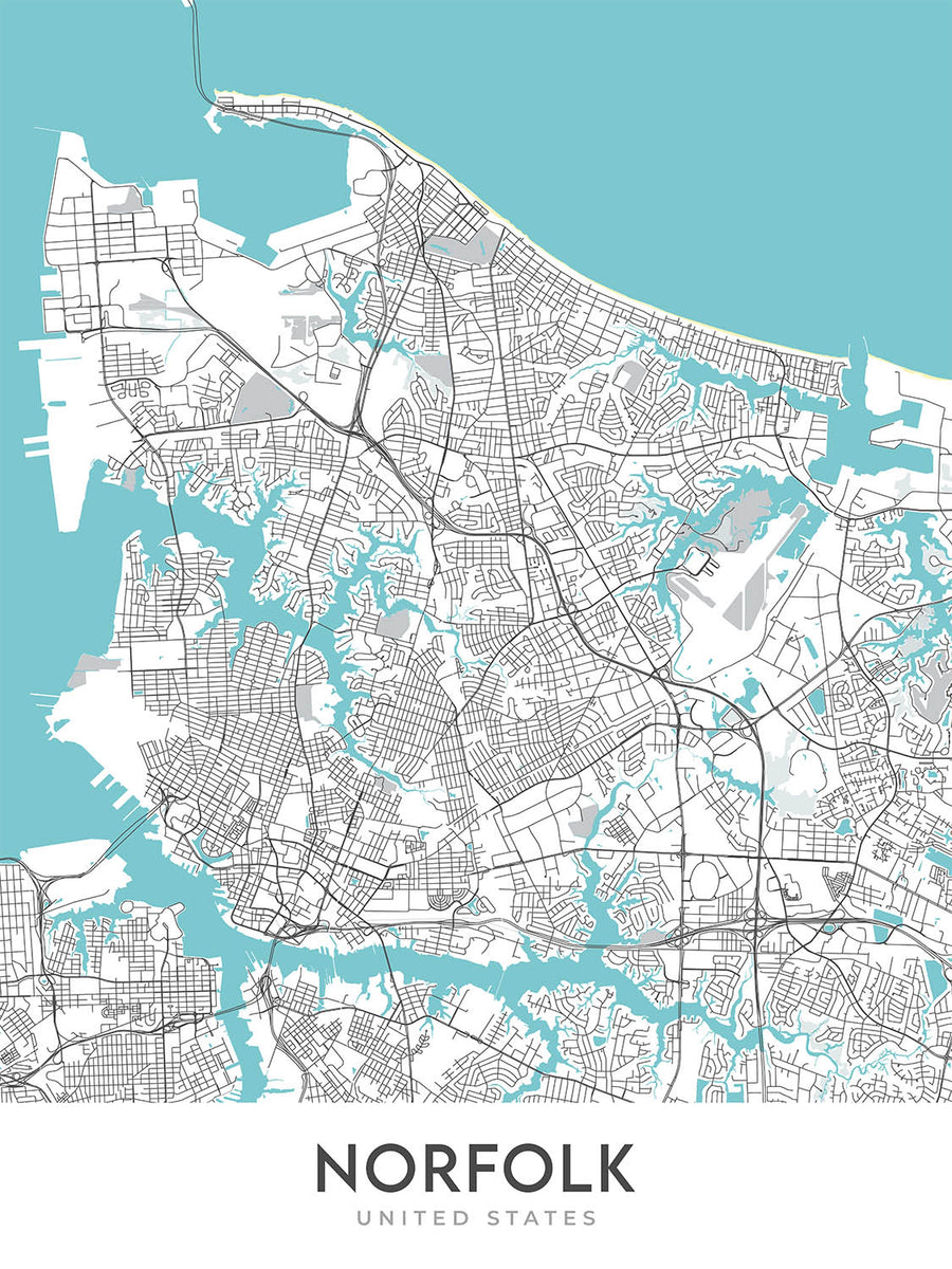 Modern City Map of Norfolk, VA: Ghent, Chrysler Museum, Nauticus, Norfolk Botanical Garden, I-264