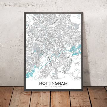Mappa della città moderna di Nottingham, Regno Unito: Centro città, Castello, Cattedrale, Ponte Trent, Foresta di Sherwood 