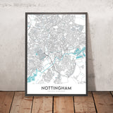 Plan de la ville moderne de Nottingham, Royaume-Uni : centre-ville, château, cathédrale, pont Trent, forêt de Sherwood