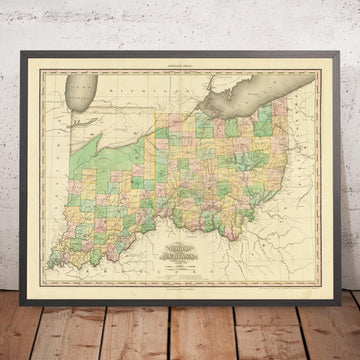 Antiguo mapa de Ohio e Indiana por H.S. Tanner, 1820: Cincinnati, Columbus, Indianápolis, Cleveland y Dayton.