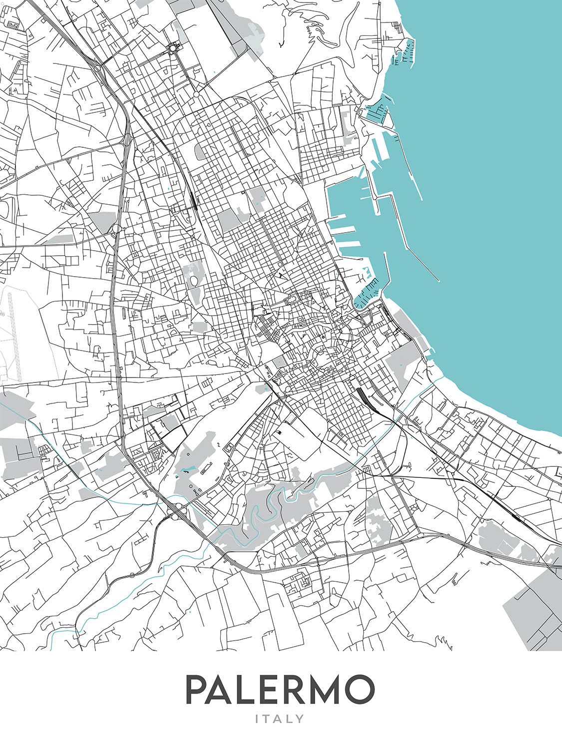 Modern City Map of Palermo, Italy: Albergheria, Kalsa, Teatro Massimo, Politeama, Quattro Canti