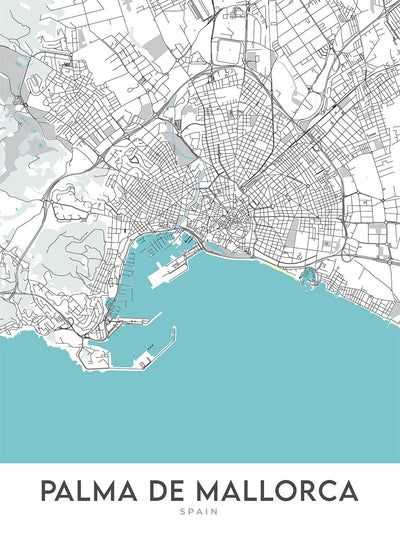 Mapa moderno de la ciudad de Palma de Mallorca, España: casco antiguo, Santa Catalina, Paseo Marítimo