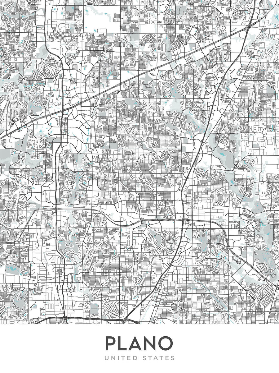 Mappa della città moderna di Plano, TX: Centro, Legacy West, Arbor Hills, Preston Rd, Dallas N Tollway 