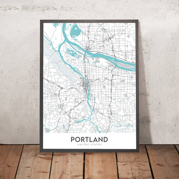 Mappa della città moderna di Portland, OR: Centro, Pearl District, Fiume Willamette, Mt. Hood, I-5 
