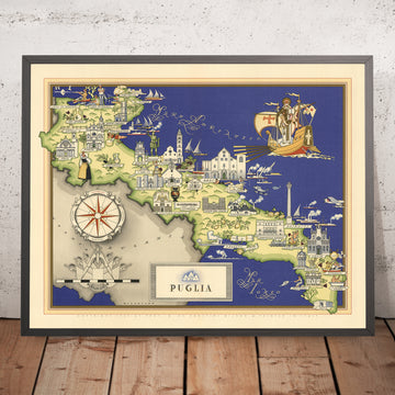 Old Pictorial Map of Apulia by De Agostini, 1938: Bari, Brindisi, Foggia, Lecce, Taranto