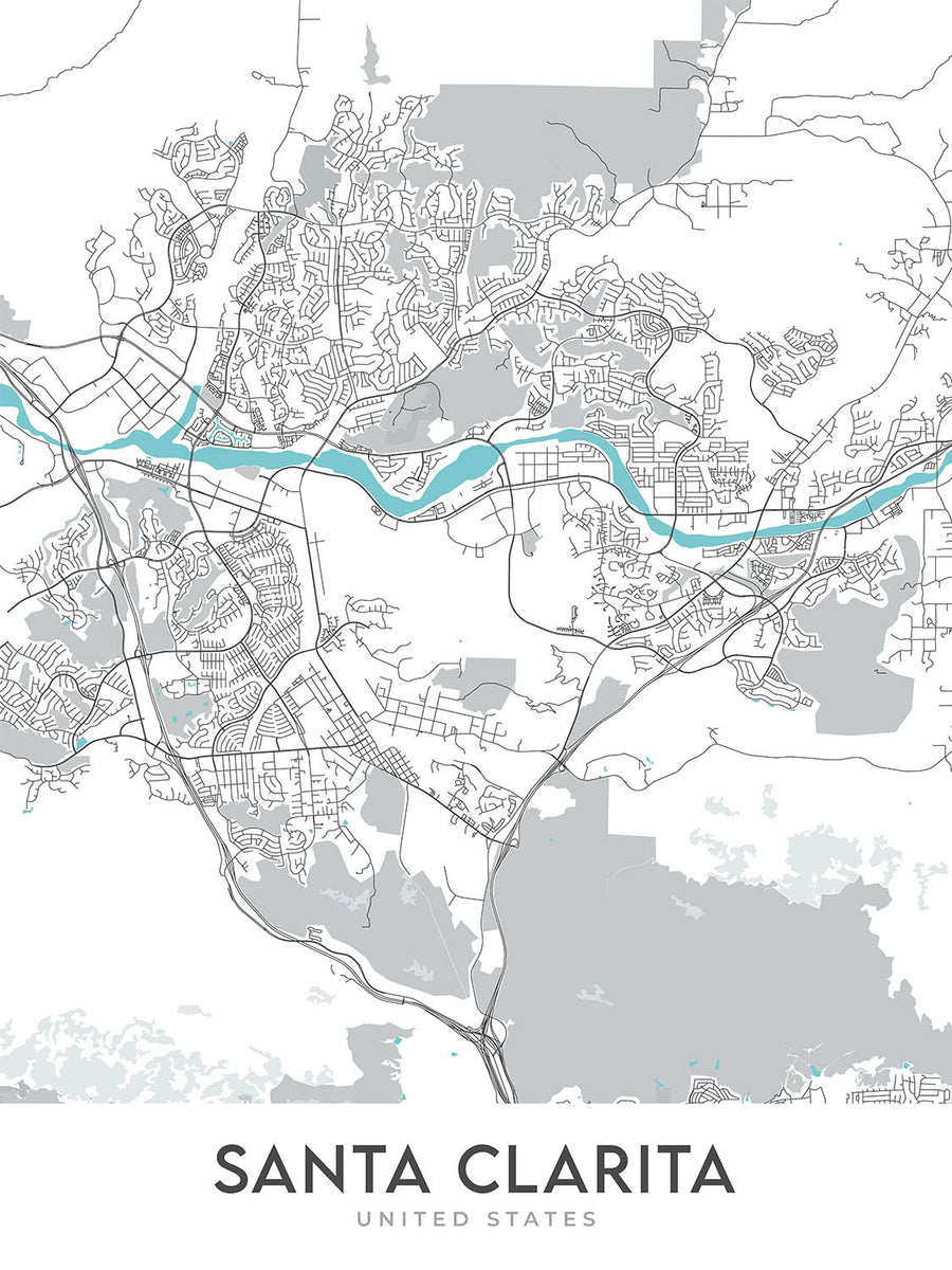 Modern City Map of Santa Clarita, CA: Canyon Country, Magic Mountain, Newhall, Six Flags, Valencia