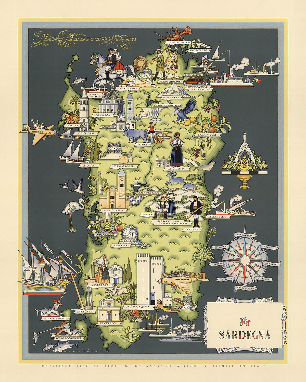 Antiguo mapa pictórico de Cerdeña de De Agostini, 1938: Cagliari, Sassari, Nuoro, Oristano, Olbia