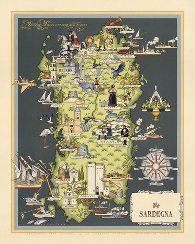 Antiguo mapa pictórico de Cerdeña de De Agostini, 1938: Cagliari, Sassari, Nuoro, Oristano, Olbia