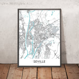 Plan de la ville moderne de Séville, Espagne : Triana, cathédrale, Alcázar, Plaza de España, fleuve Guadalquivir