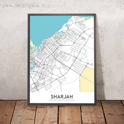 Moderner Stadtplan von Sharjah, Vereinigte Arabische Emirate: Al-Noor-Moschee, Al-Qasba, Al-Majaz-Uferfront, Universität von Sharjah, Amerikanische Universität von Sharjah