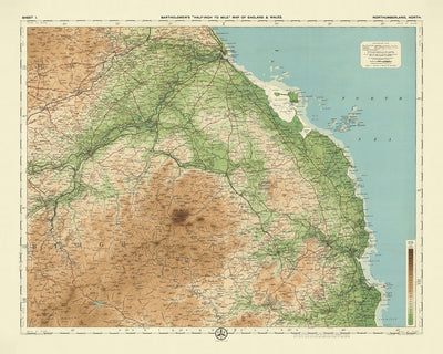 Antiguo mapa OS de Northumberland - Norte por Bartholomew, 1901: Alnwick, Berwick, Cheviot Hills, Tweed, Hadrian's Wall, Lindisfarne