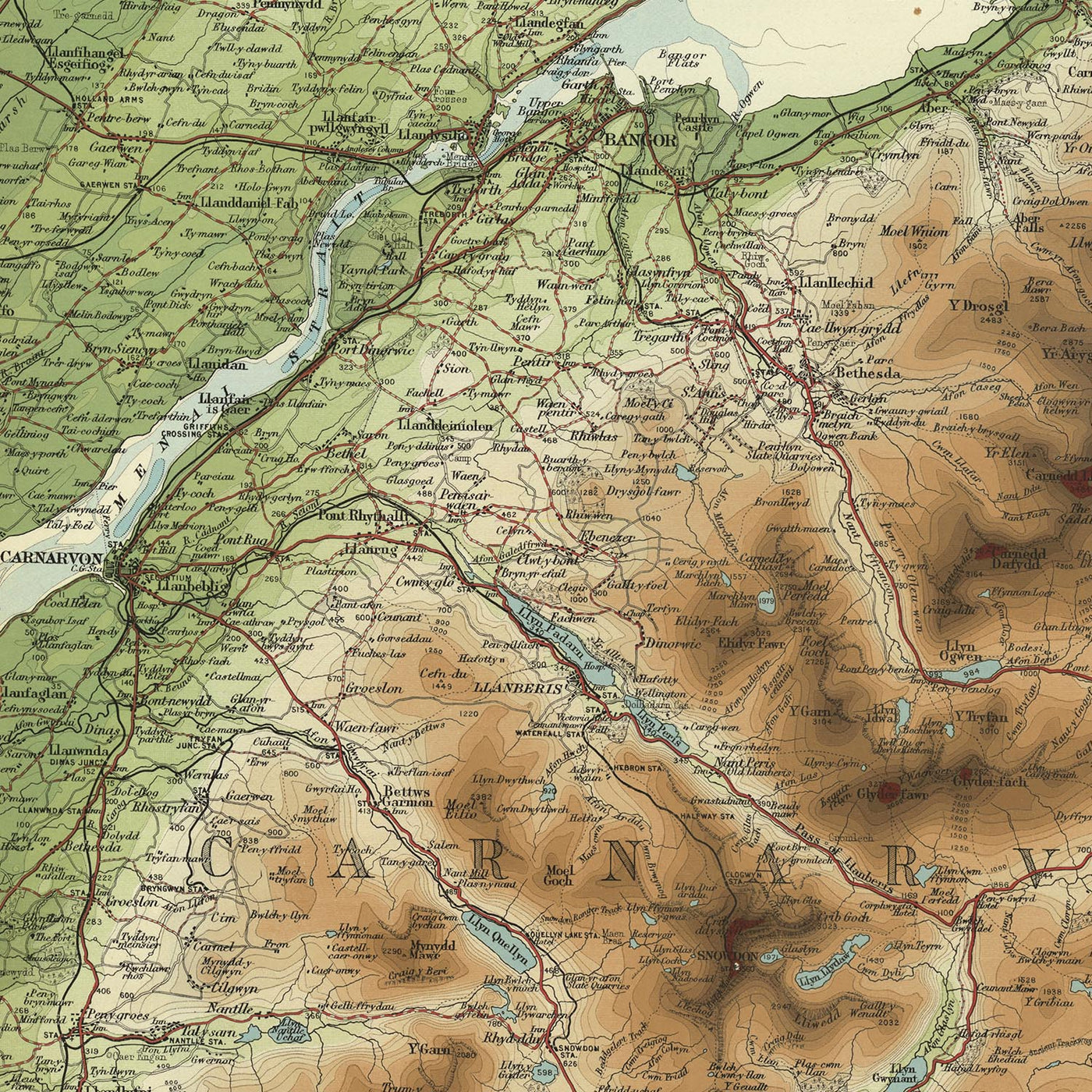Alte OS-Karte von Nordwales von Bartholomew, 1901: Snowdon, Caernarfon, Llandudno, Menai-Strait, Conwy, Anglesey 