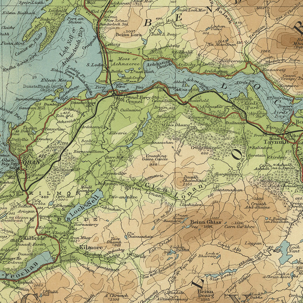 Ancienne carte OS d'Oban et du Loch Awe, Argyllshire par Bartholomew, 1901 : Oban, Loch Awe, Ben Cruachan, Glen Coe, île de Mull, Loch Lomond