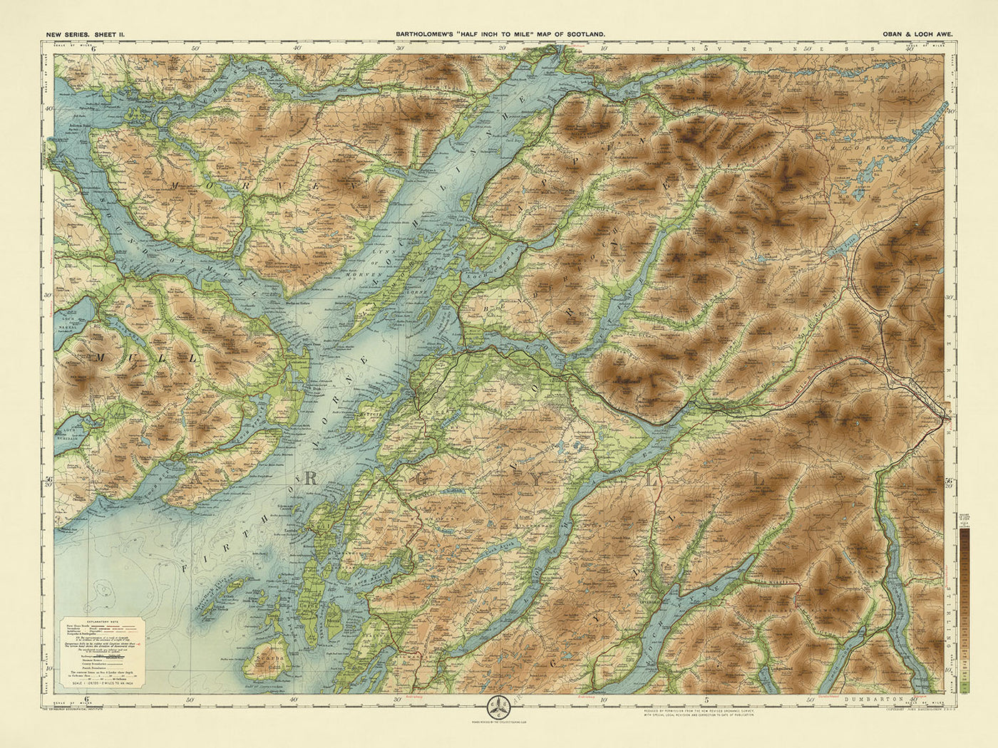 Antiguo mapa del sistema operativo de Oban y Loch Awe, Argyllshire por Bartholomew, 1901: Oban, Loch Awe, Ben Cruachan, Glen Coe, Isla de Mull, Loch Lomond