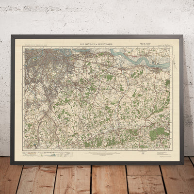 Mapa de Old Ordnance Survey, hoja 115 - SE de Londres y Sevenoaks, 1925: Croydon, Bromley, Dartford, Gravesend, Caterham
