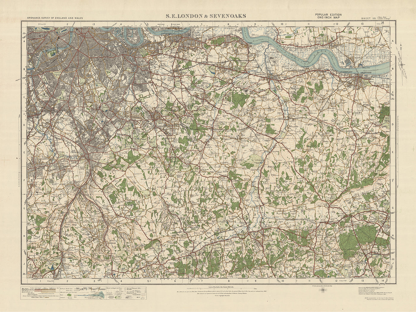 Mapa de Old Ordnance Survey, hoja 115 - SE de Londres y Sevenoaks, 1925: Croydon, Bromley, Dartford, Gravesend, Caterham