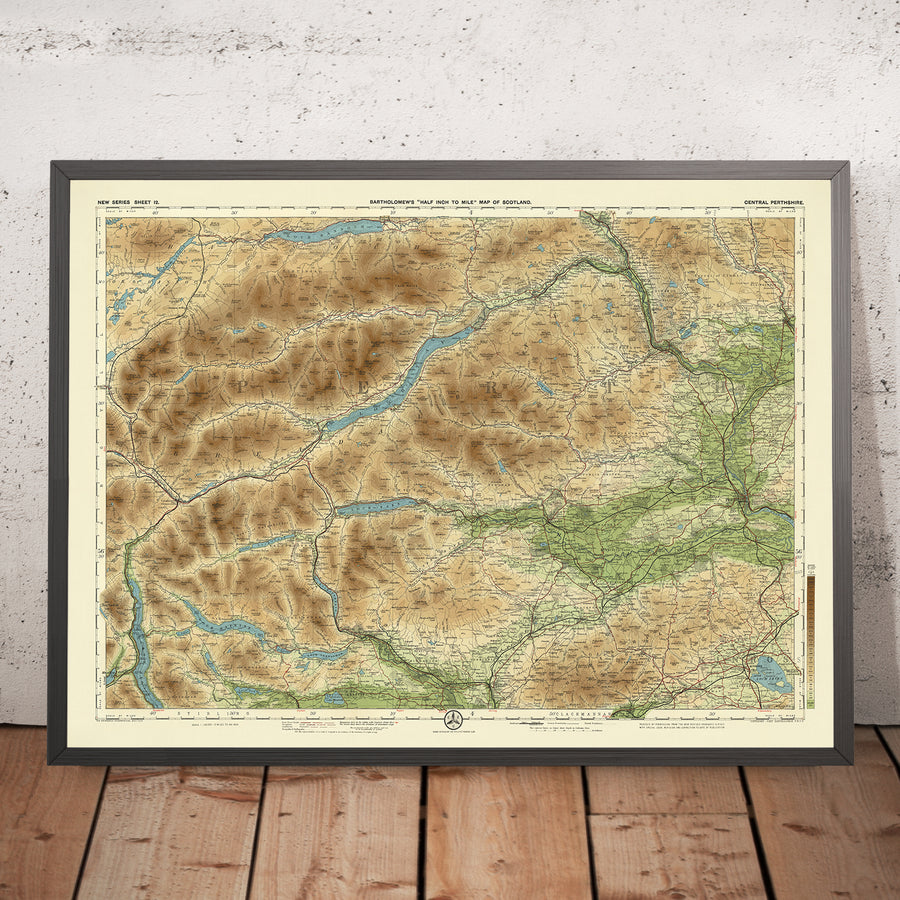Mappa antica della Scozia centrale di Perthshire, realizzata da Bartholomew nel 1901: Perth, Loch Tay, Ben Lawers, fiume Tay, Schiehallion, Crieff 