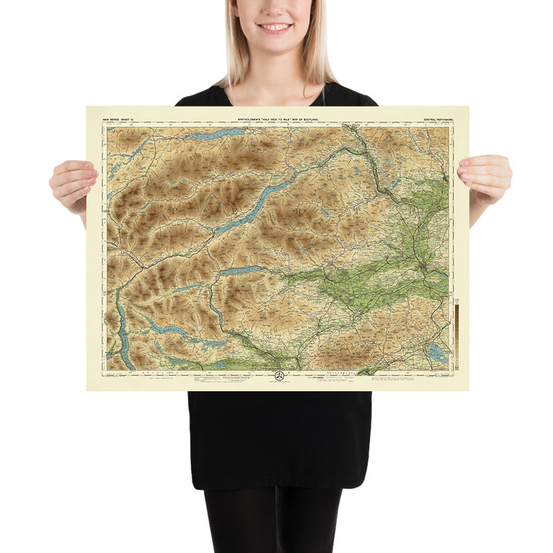 Mappa antica della Scozia centrale di Perthshire, realizzata da Bartholomew nel 1901: Perth, Loch Tay, Ben Lawers, fiume Tay, Schiehallion, Crieff 
