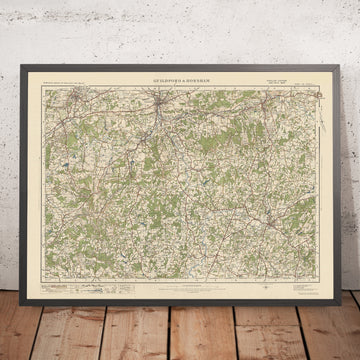 Alte Ordnance Survey-Karte, Blatt 124 - Guildford & Horsham, 1925: Aldershot, Farnham, Reigate, Godalming, Surrey Hills AONB 